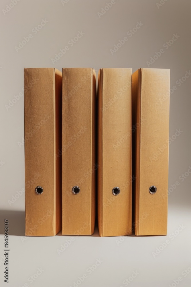 Aufkleber three binders placed side by side on shelves, possibly containing documents or notes