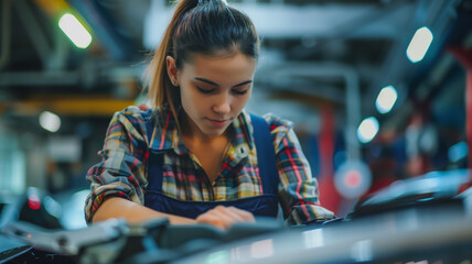 Latino young woman wearing a blue apron and flannel working as an auto mechanic getting her hands dirty under the hood.
