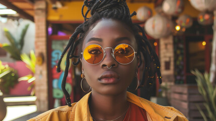 Fototapeta premium South African female model with dreads and sunglasses posing in a yellow jacket outside of a Johannesburg cafe.