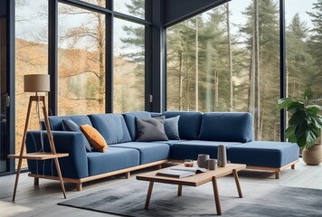 Modern Living Room With Blue Sofa And Forest View