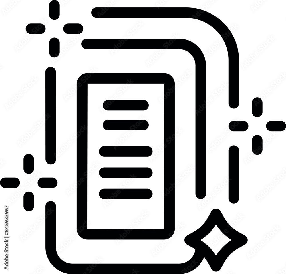 Poster line drawing of a document surrounded by sparkles and curved lines, representing search engine optim
