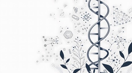 DNA helix with abstract scientific elements and leaves on a white background. Digital illustration with copy space. Genetic research and biotechnology concept for poster, banner, invitation