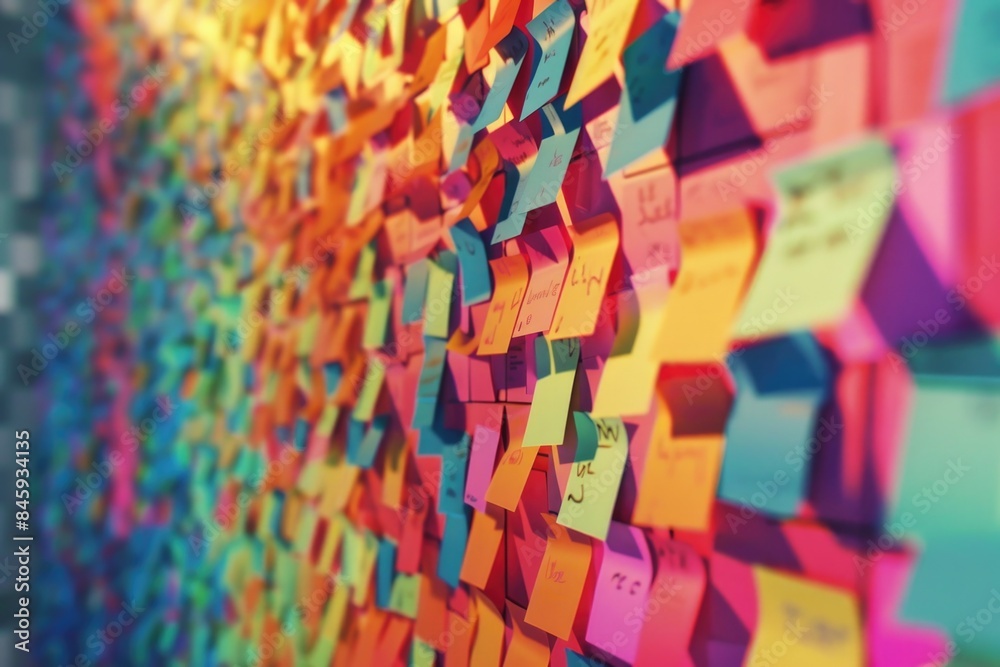 Poster a close-up shot of a wall covered in lots of colorful post-it notes