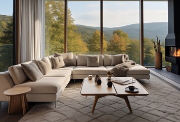 Modern Living Room With Large Windows And Forest View