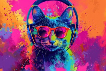 A curious cat enjoying its favorite tunes on a vibrant background