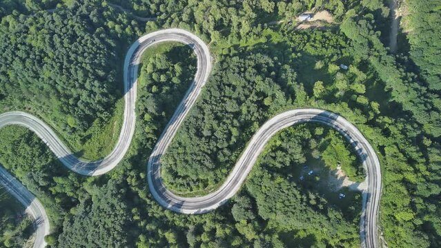 Aerial view of winding asphalt mountain road among green trees in summer.