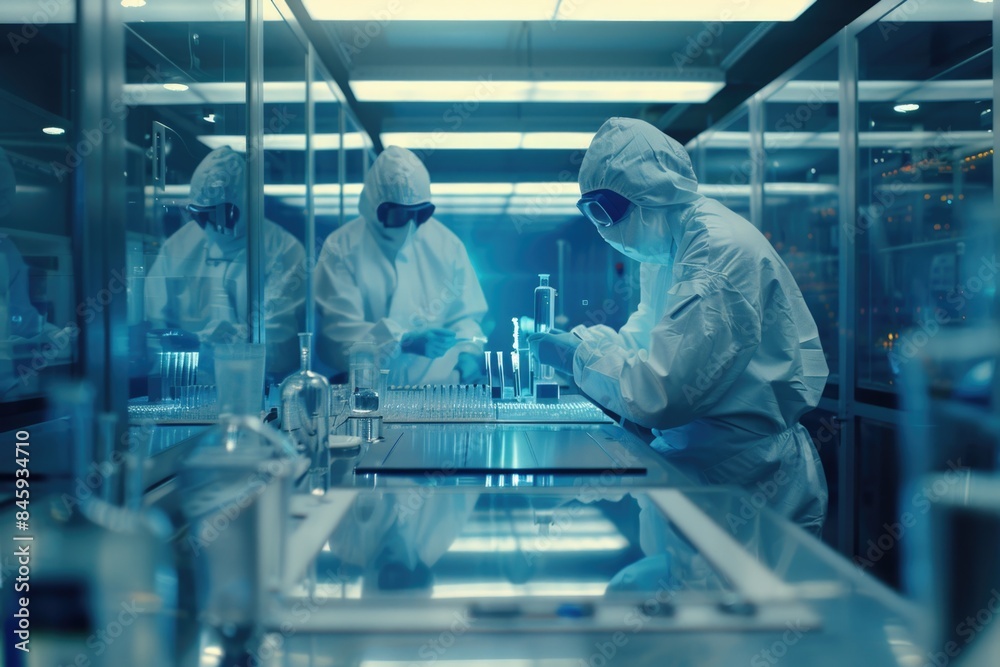 Poster group of people working in a laboratory setting, with various equipment and instruments