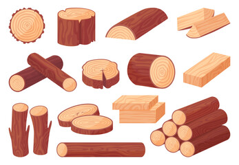 Cartoon wood logs. Timber stacks, tree cuts and stumps. Wooden processing industry, sawmill products. Plank and log neoteric vector clipart
