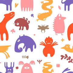 Surreal creatures seamless pattern. Imaginary characters and plants, fictional animals. Decorative fabric print, wrapping design, neoteric vector background
