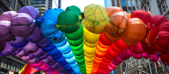 A sea of colorful umbrellas creates a rainbow canopy over the crowd at City Pride Parade