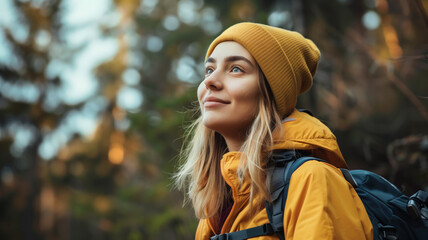 Young Gen-z blonde woman wearing a yellow beanie on a solo hike during the winter looking straight at the camera with a slight smile while backlit by the setting sun.