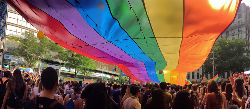 Large Rainbow Flag Draped Over Crowd at Pride Parade