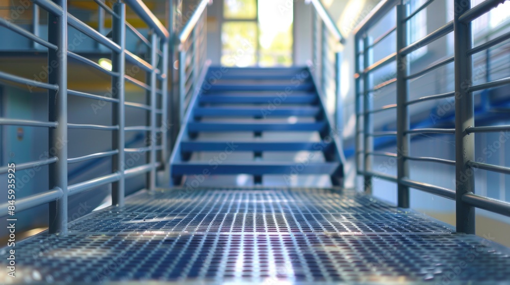 Poster close-up shot of metal stairs, suitable for use in architectural or design contexts