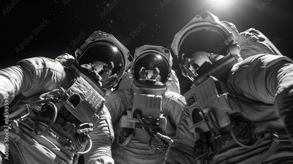 Poster group of astronauts in space suits standing side by side, possibly preparing for a mission or waitin
