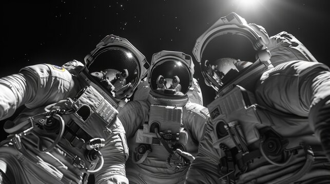 Group of astronauts in space suits standing side by side, possibly preparing for a mission or waiting for transportation