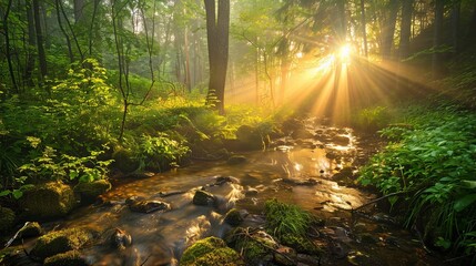 A serene forest at sunrise, with sunlight streaming through the canopy, illuminating the vibrant green foliage and a tranquil stream below.