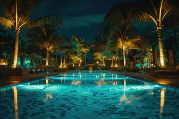 Fototapeta premium A swimming pool illuminated at night, surrounded by palm trees