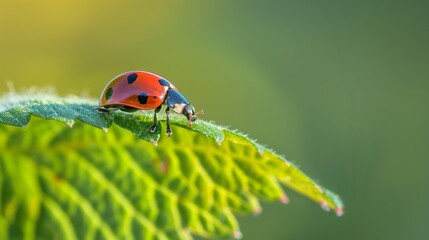 Obraz premium Ladybug on the edge of a green leaf in a natural outdoor setting