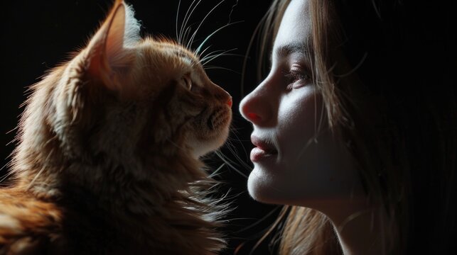 A woman and her cat sit together, looking at each other