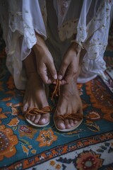 A woman wearing a white dress is depicted tying a pair of sandals