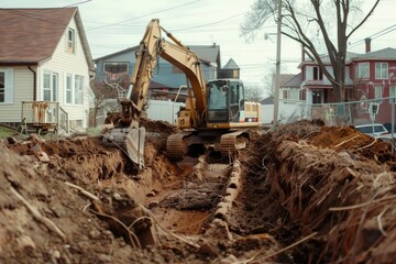 A heavy machine digs a trench in a suburban neighborhood, with houses and trees nearby