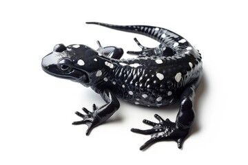 Fototapeta premium A close-up shot of a small black and white spotted lizard resting on a white background