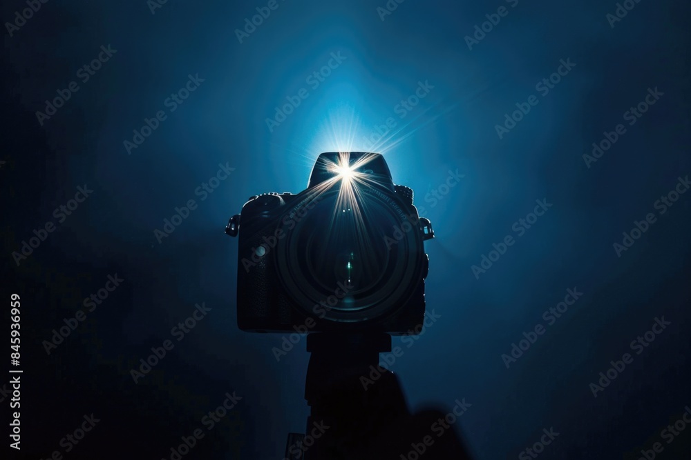 Poster a person holding a camera in a dark environment, great for capturing mysterious or nighttime scenes