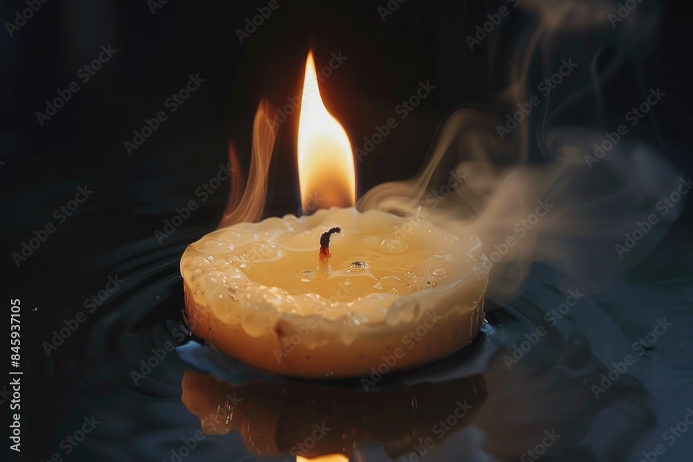 Poster a candle floating on the surface of calm water, creating a warm and peaceful atmosphere