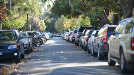 A row of cars parked on a street lined with trees.