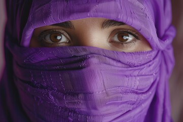 Fototapeta premium A person's face with a purple veil covering their features, suitable for use in various cultural or religious contexts