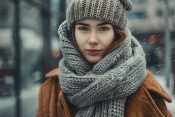 A woman dressed warmly with a hat and scarf standing in snowy surroundings