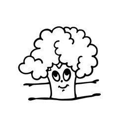 Sketch, doodles of a funny character, broccoli vegetable. Vector graphics.