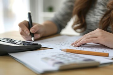 Female administrator reviewing financial documents, using calculator - income audit, balance sheet management, business finance