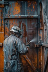 A person wearing a rain suit sprays something with a spray gun