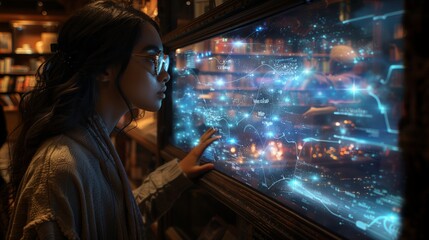 A woman explores interactive holographic book previews in a futuristic bookstore, touching the screen to navigate the display.