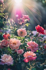 A beautiful field of pink roses under a sunny sky