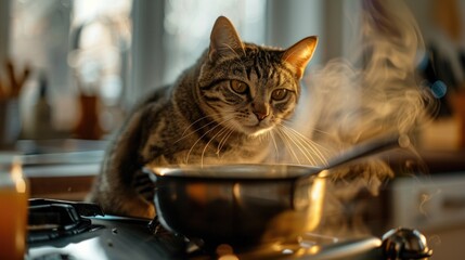 A domestic cat sits on the edge of a stove, with a pot nearby