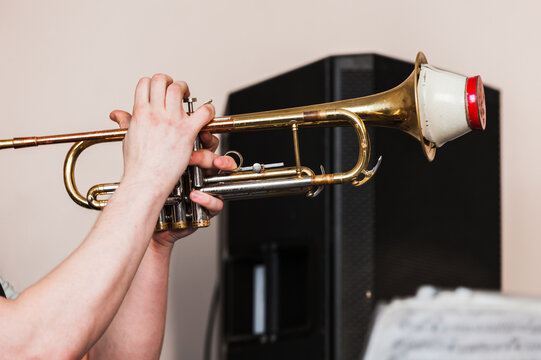 Trumpet with straight mute in trumpeter hands. Live music