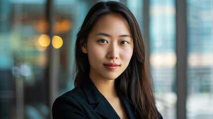 Asian female lawyer in a modern glass walled office.