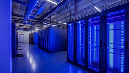 Fototapeta premium High-Tech Data Center: Rows of Powerful Servers Bathed in Blue LED Light
