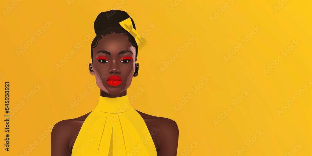 Wall mural A woman wearing a bright yellow dress and red lipstick - Wall murals