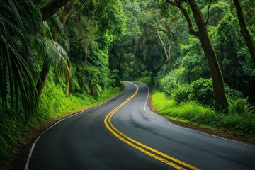 Tropical Road Trip, Long Path Through Lush Rainforest, Lined with Yellow Lines and Vibrant Foliage