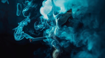 Fototapeta premium Skull Smoke: Man Exhales Smoke in Anatomical Skull Shape, Detailed Closeup with Dark Blue Background