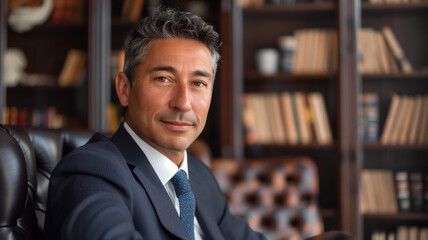 Fototapeta premium Confident Cuban male lawyer looking at the camera with a library office backdrop.