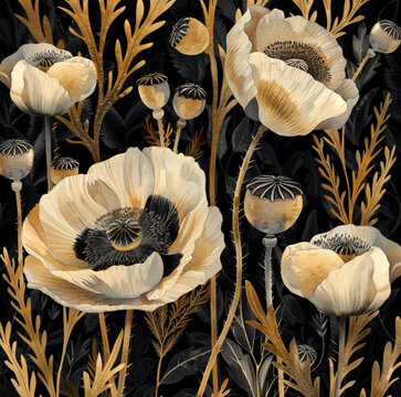 ilustrate flower buds and poppies, leafs in black and gold background