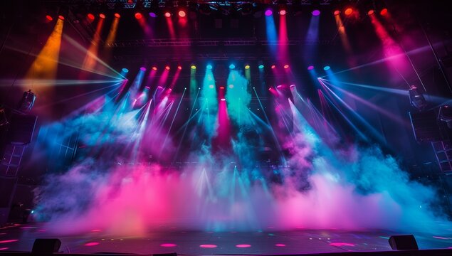 Dynamic Stage Ambiance, Vibrant Spotlights and Hazy Smoke Set the Scene for Live Music and Dance Events