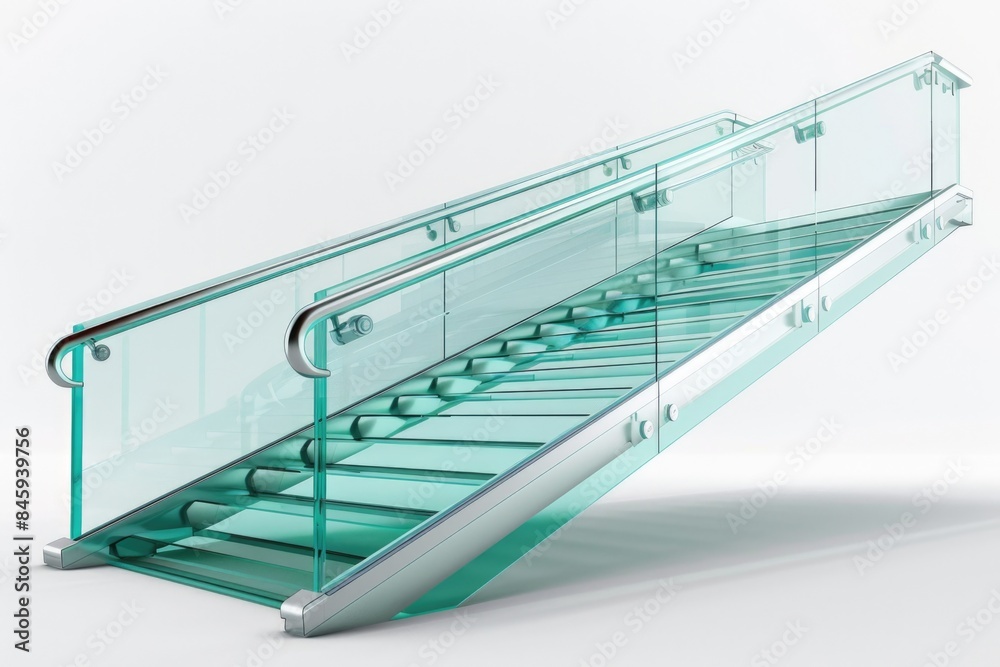 Aufkleber A simple escalator with clear glass railings against a white background, suitable for various contexts