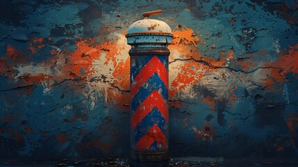 A classic barber pole, with the iconic red, white, and blue stripes, mounted on the wall