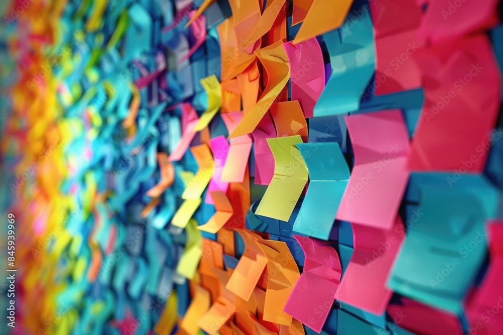 Poster a vibrant and playful scene featuring a wall covered in numerous colorful post-it notes