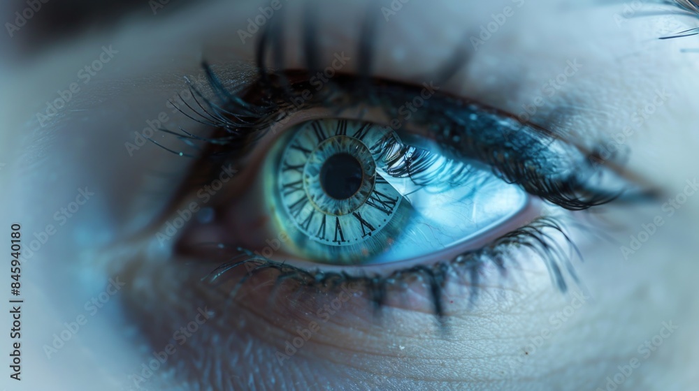 Poster a close-up shot of a person's eye featuring a clock in the iris, offering a unique perspective on ti
